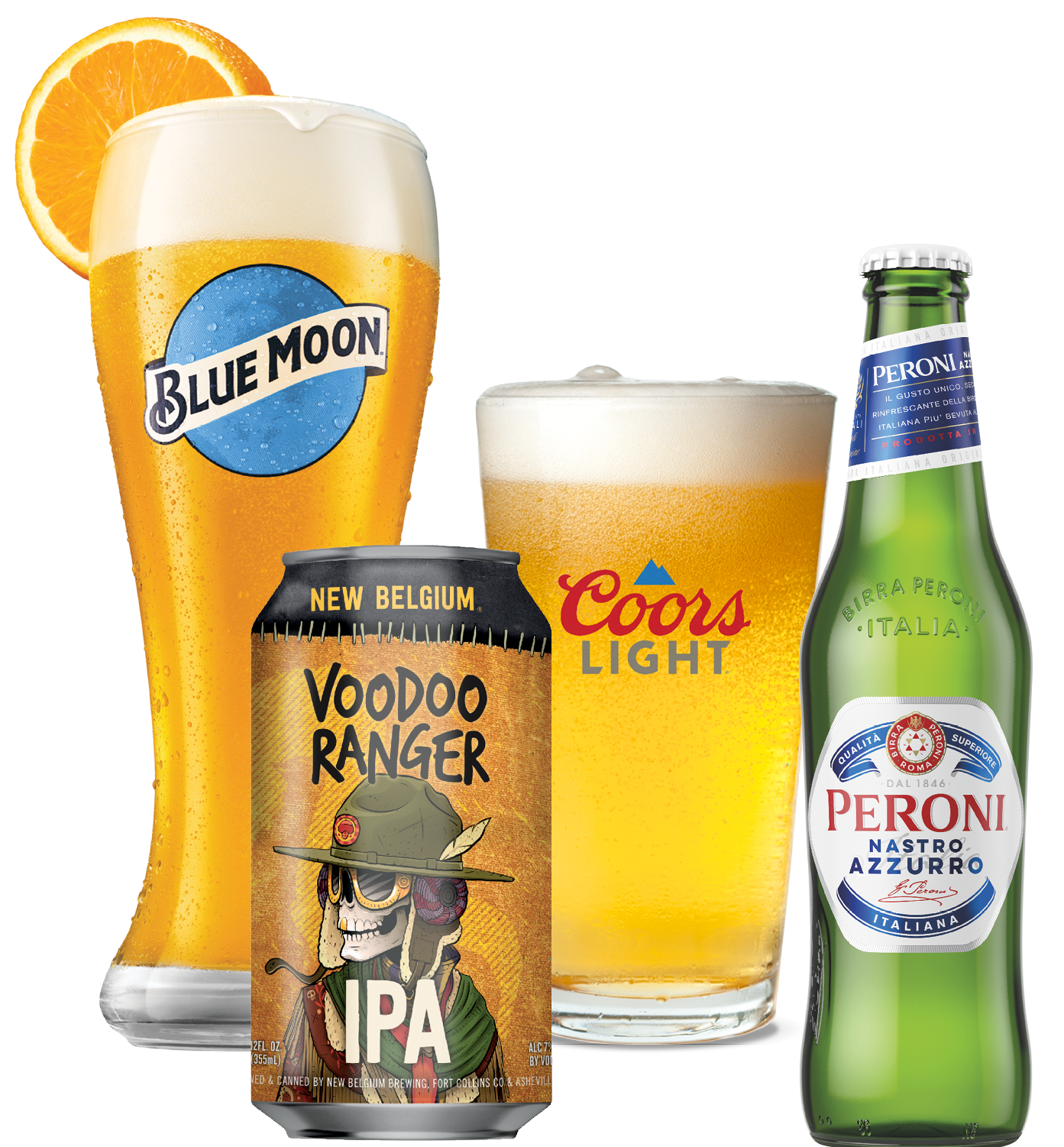 picture of Blue Moon can, Voodoo Ranger can, Coor's light beer and Peroni bootle